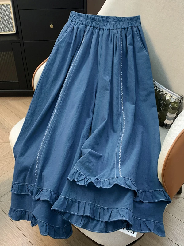 Ele Embroidered Cotton Linen Wide Leg Pants High Waist Nine Points Loose Fit Casual Trousers for Women Summer 2025