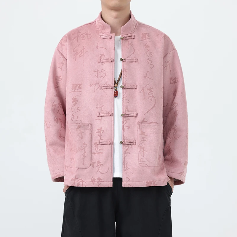 

Men's Long Sve Deer Skin Velvet Jaet Autumn Winter New Chinese Sle Tang Costume Wind Vintage Button Large Size Coat