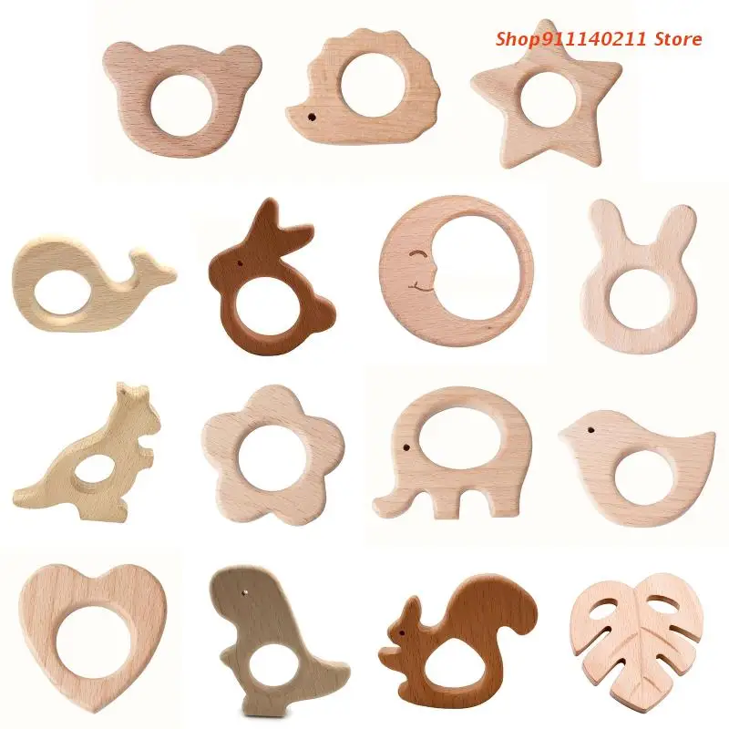 Wooden Elephant Rabbit Heart Love Horse Ring Baby Teether Eco-Friendly Unfinished Baby Grasping Pacifier BPA Free Beech Toy