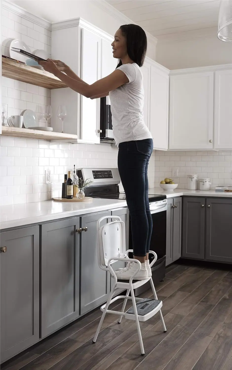 Stylaire Retro Chair + Step Stool with Flip-Up Vinyl Seat, White