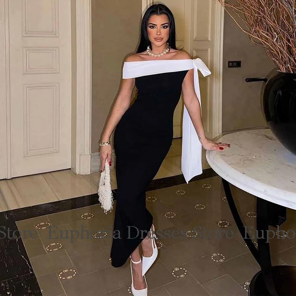 Modern Contrast Color Ceremony Dresses Jersey Sheath/Column Prom Dress Black Off-the-shoulder White Bow Draped Party Gown Midi