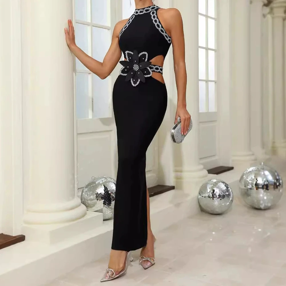 Robe de soirée sans manches, fleur 3D percée à chaud, sexy, moulante à la taille, à la mode, GZXX772