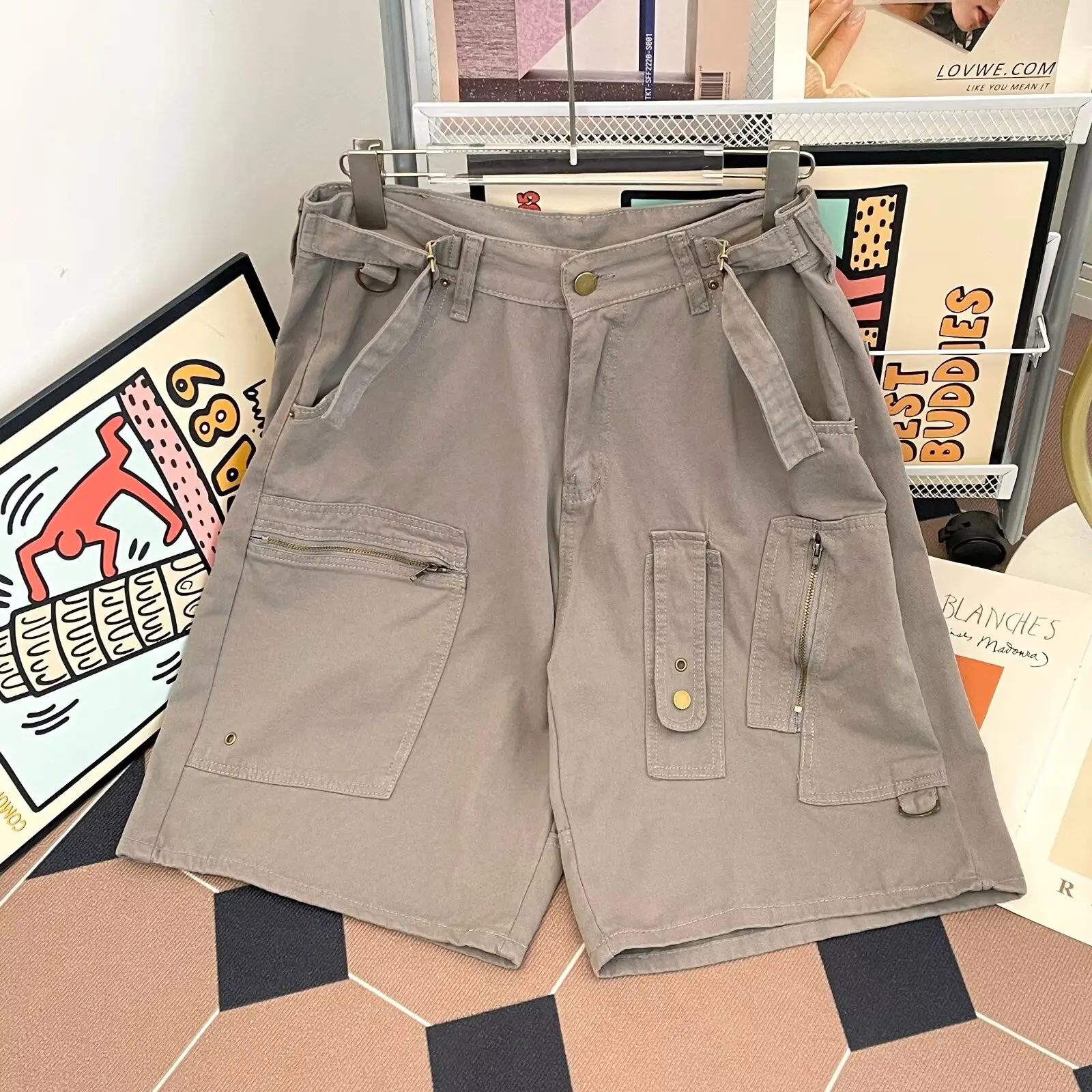 

Модные мужские джинсовые шорты-карго прямого кроя со средней посадкой, летняя повседневная молодежная однотонная верхняя одежда