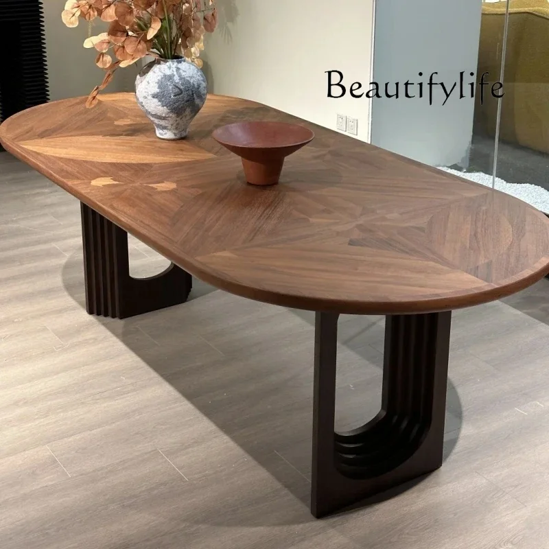 

French retro style North American ash wood dining table creative high sense pure solid wood smoke color medium and ancient style