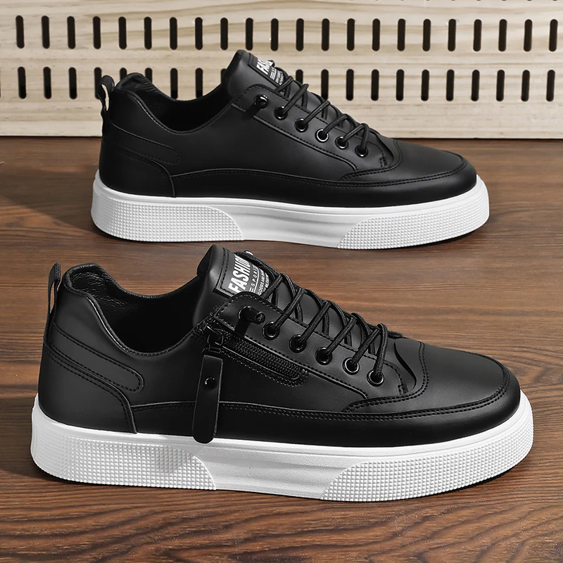 Men's Side Zipper Leather Sneakers | Casual Low-Top Skate Shoes | Comfortable Walking Trainers