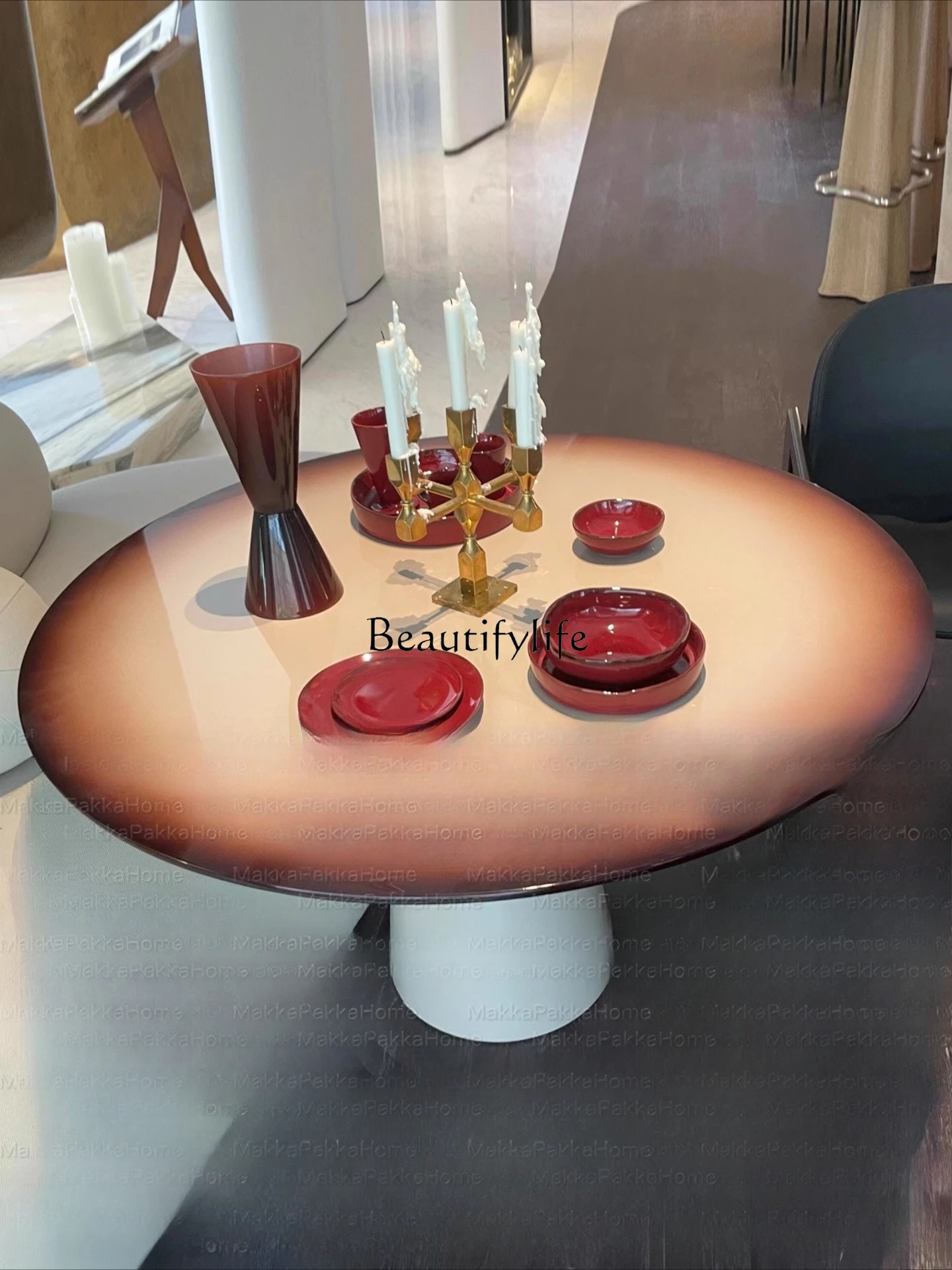 

Italian Style Round Gradient Color Solid Wood Dining Table Modern Minimalist Light Luxury Round Dining Table