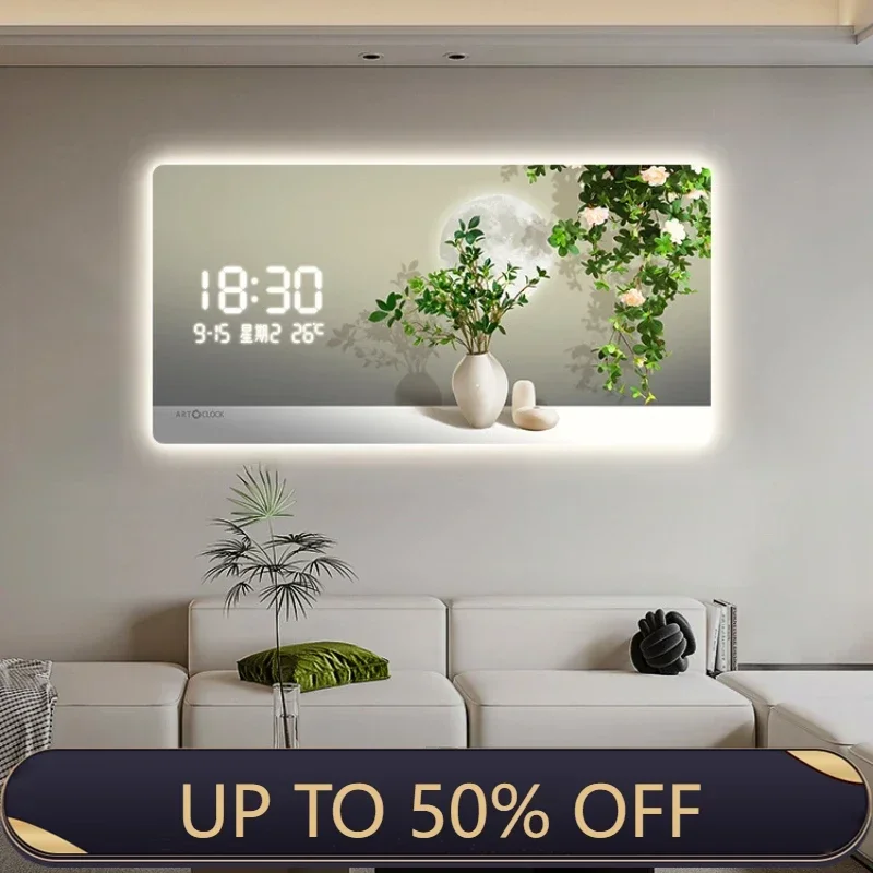 Simple Green Plant Digital Electronic Clock Living Room Decoration Painting Plug-in Digital Display Screen Light Wall Clock