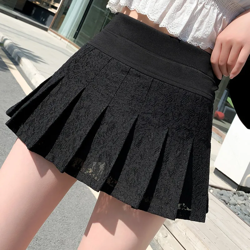 Sexy Skirt New Ultra-short Mini Pants Elastic Waist Joker Lace Pleated Fashion Black White A Line Skirt