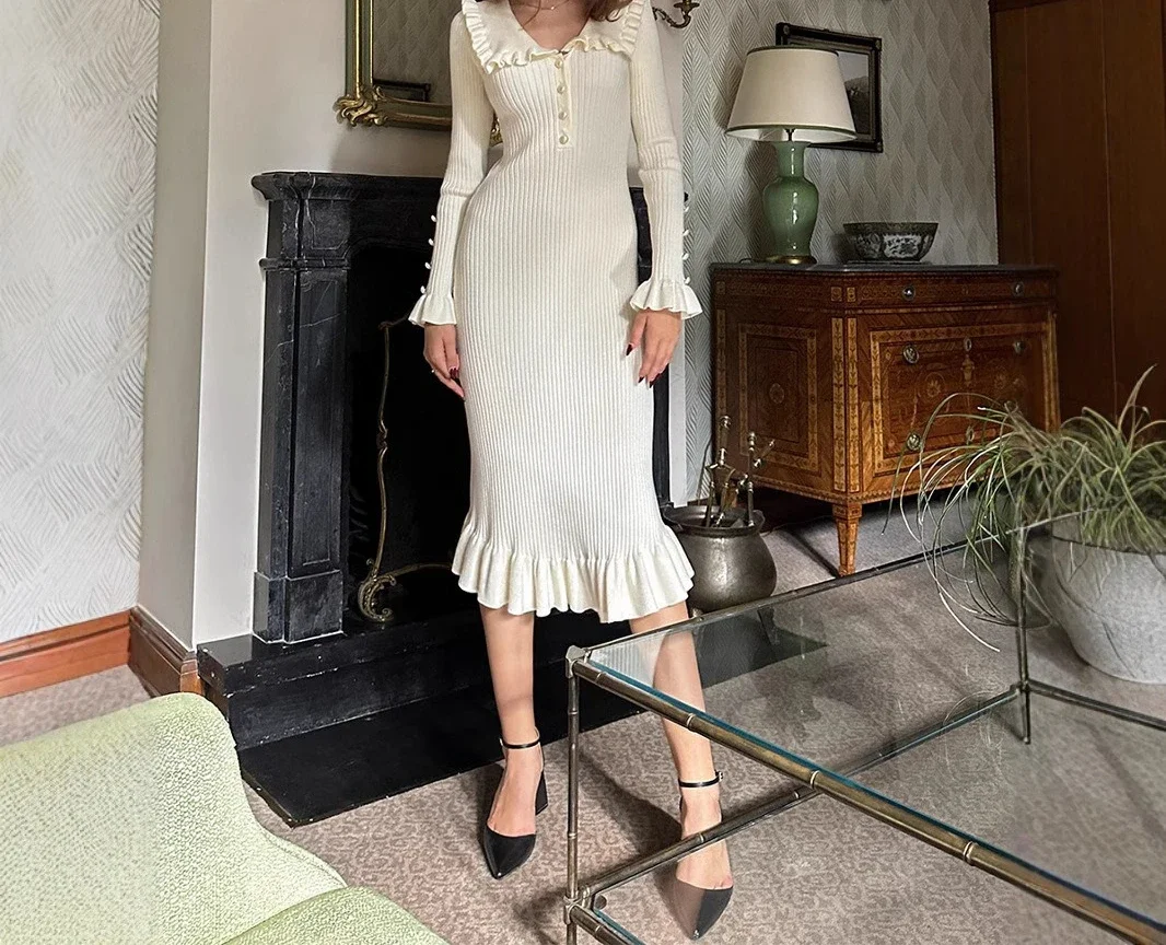 

Lotus Leaf Edge Dress For Women 2024 New Knitted Skirt Retro Long Skirt Woolen Dress