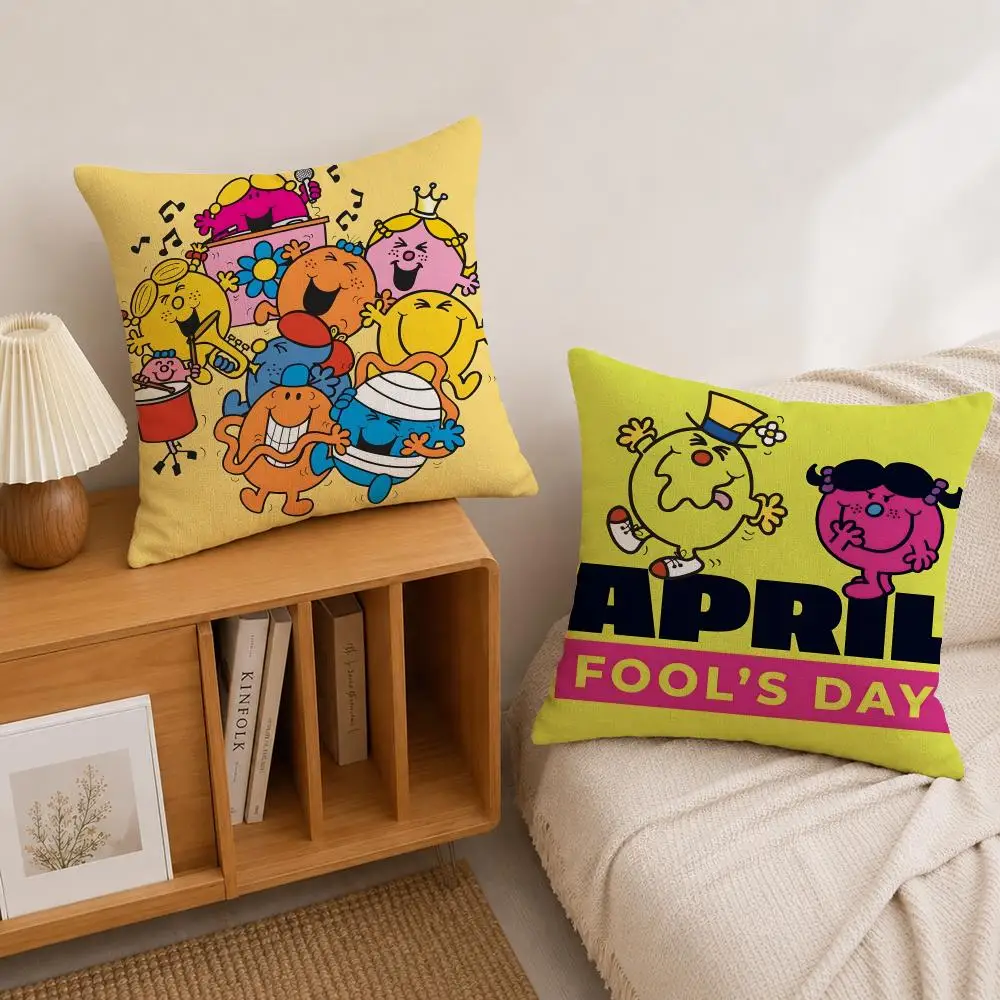 M-Mr. Men and L-Little Miss Cushion Cover Natural Linen Pillowcase Set, All-in-One Decor for Sofa, Bedroom & Chair