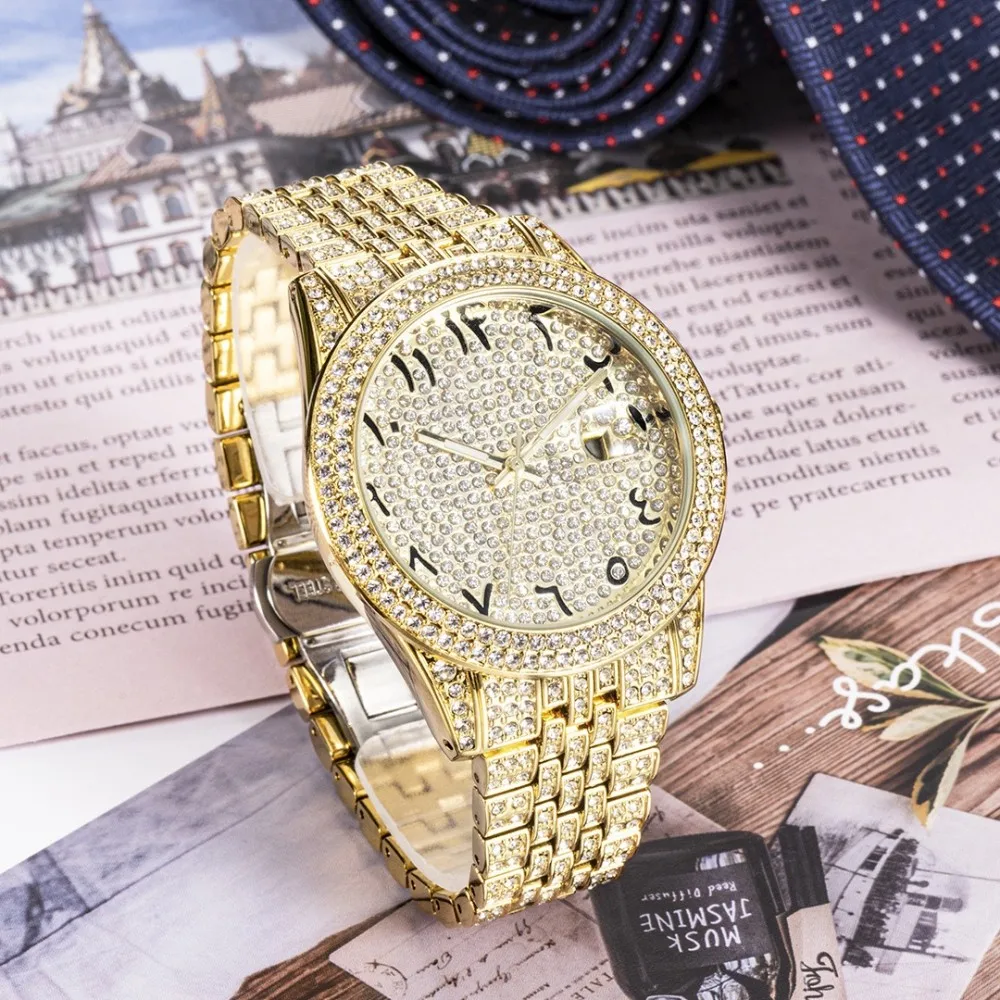 Quartz Watch With Diamond BlingBling Ice Out Calendar Watches For Women Men Waterproof Hand Clock Hip Hop Stylish Missfox Brand