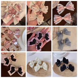 1pc Handmade Ribbon Balletcore Bows Hair Clips Pink Zircon Bowknot Hairpin Cute Headdress Girls Lolita Cosplay Hair Accessories