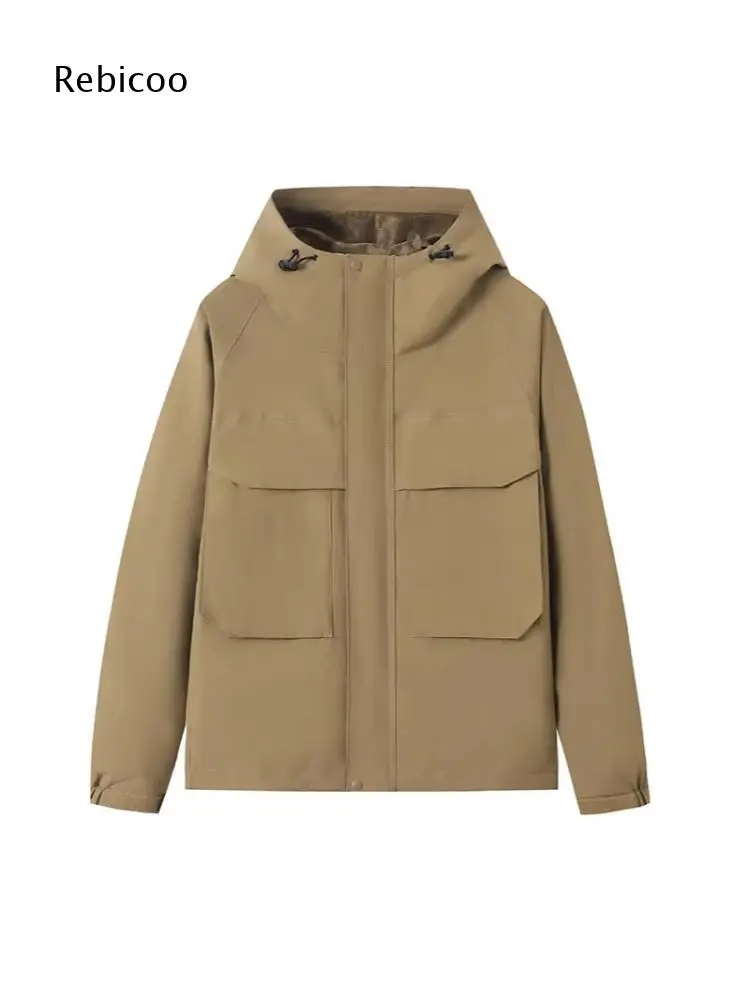 Zip Up Loose Outerwear For Men Hooded Drawstring Multi Pockets Wind Resistant Jacket For Camping Street Matching Looks