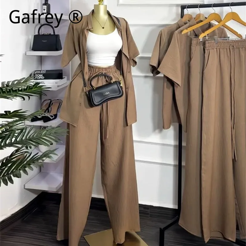 

Women Casual Collared Short Sleeve Shirt Loose Fit Wide Leg Pants Set Summer Fashion Minimalist 2 Piece Co-ord Outfit Suit