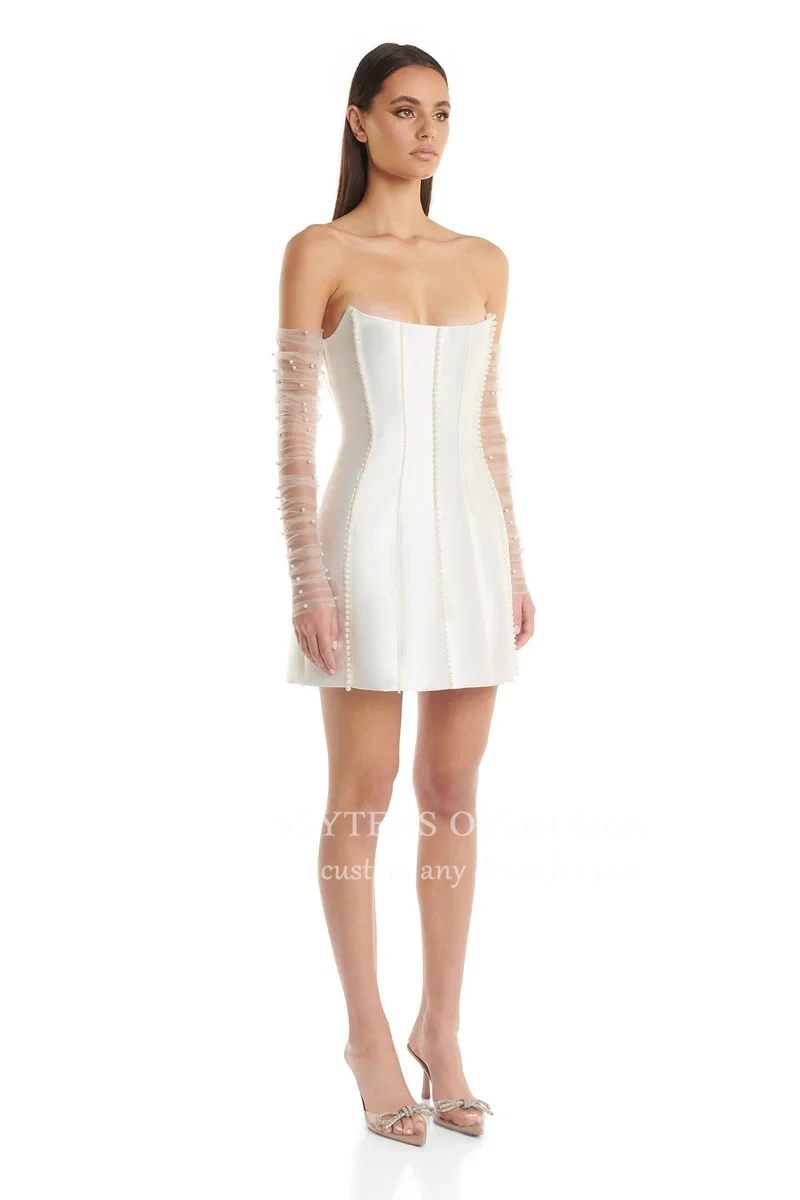 SSYTENS Parels Korte Trouwjurk Wit Satijn Lange Mouwen Aangepaste Sexy Vestidos De Fiesta Strapless Zeemeermin Bruidsjurken