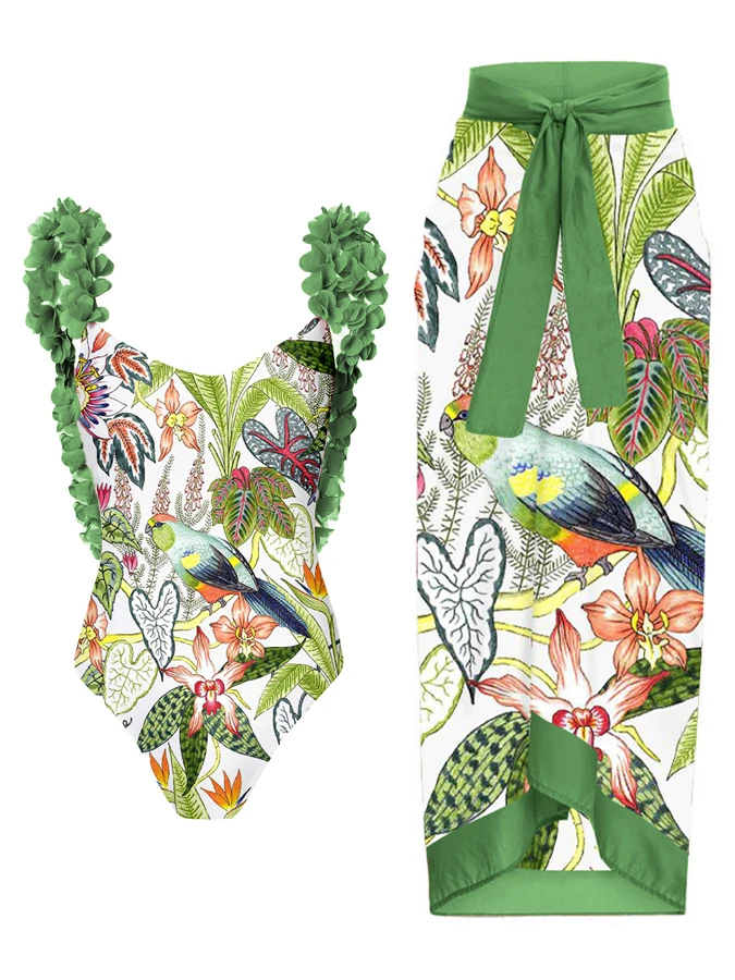 Maillot de bain une pièce imprimé floral vintage pour femme, bikini une pièce à volants, couverture UpGreen, couverture du ventre, mode 2024