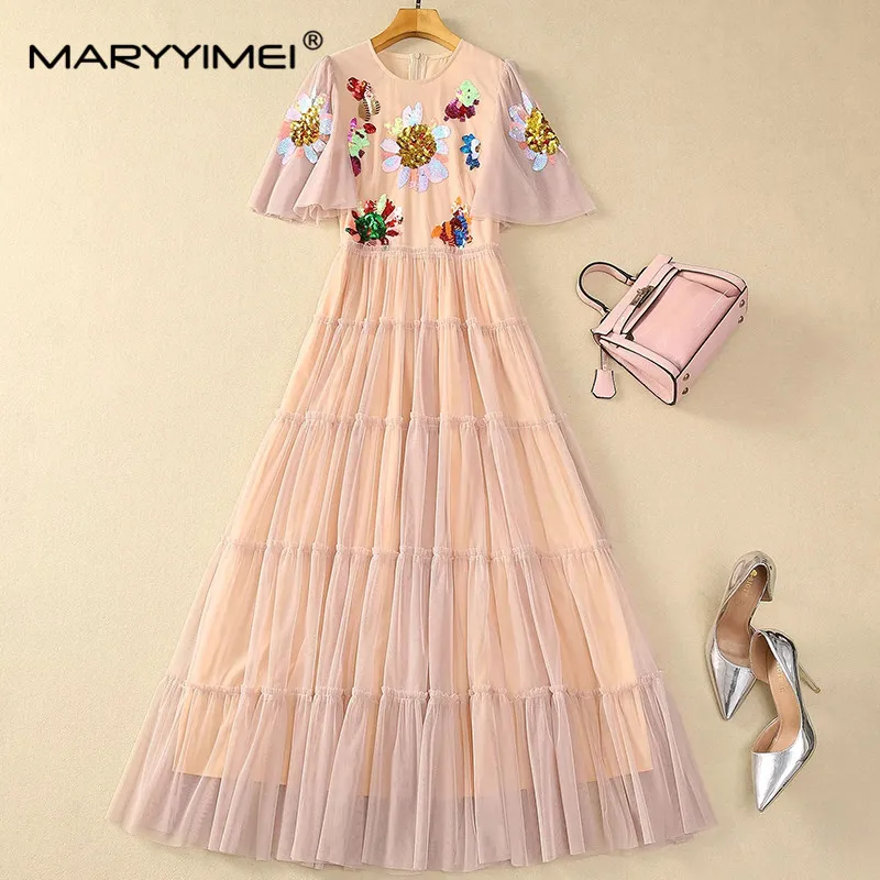 MARYYIMEI-Robe mi-longue à manches courtes et col rond pour femme, patchwork de paillettes, maille, oreille en bois, vintage, nouvelle mode