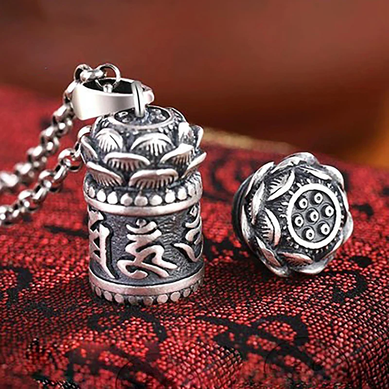 1Pc Hollow Copper Plated Lotus Sutra Cylinder Pendant Keychain Handmade Vintage Pill Box Container Bottle