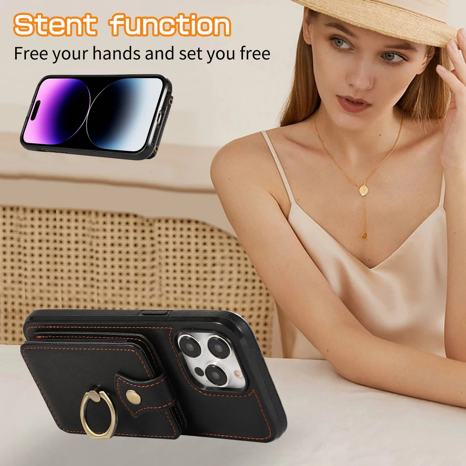 For iPhone 18/17e/16/15/14 Pro Max Plus Case Wallet with Card Holder, 360°Rotation Finger Ring Holder Kickstand, RFID Blocking