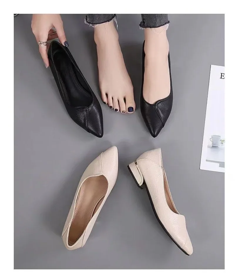 New 2023 Women Low Heels Pumps Pointed Toe Boat Shoes Square Heels Dress Shoes Black Basic Pump Leather Boat Shoes Autumn