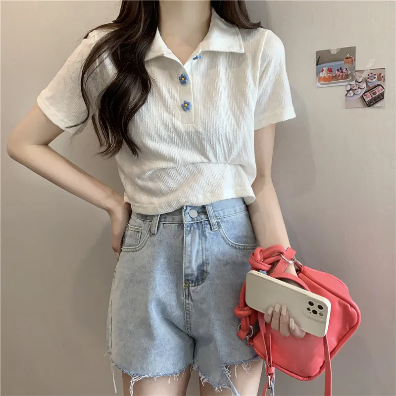 

Design Sense Polo Collar Top New Hot Girl Regular Shoulder White T-Shirt Short Sleeve Women Summer Ins Trend