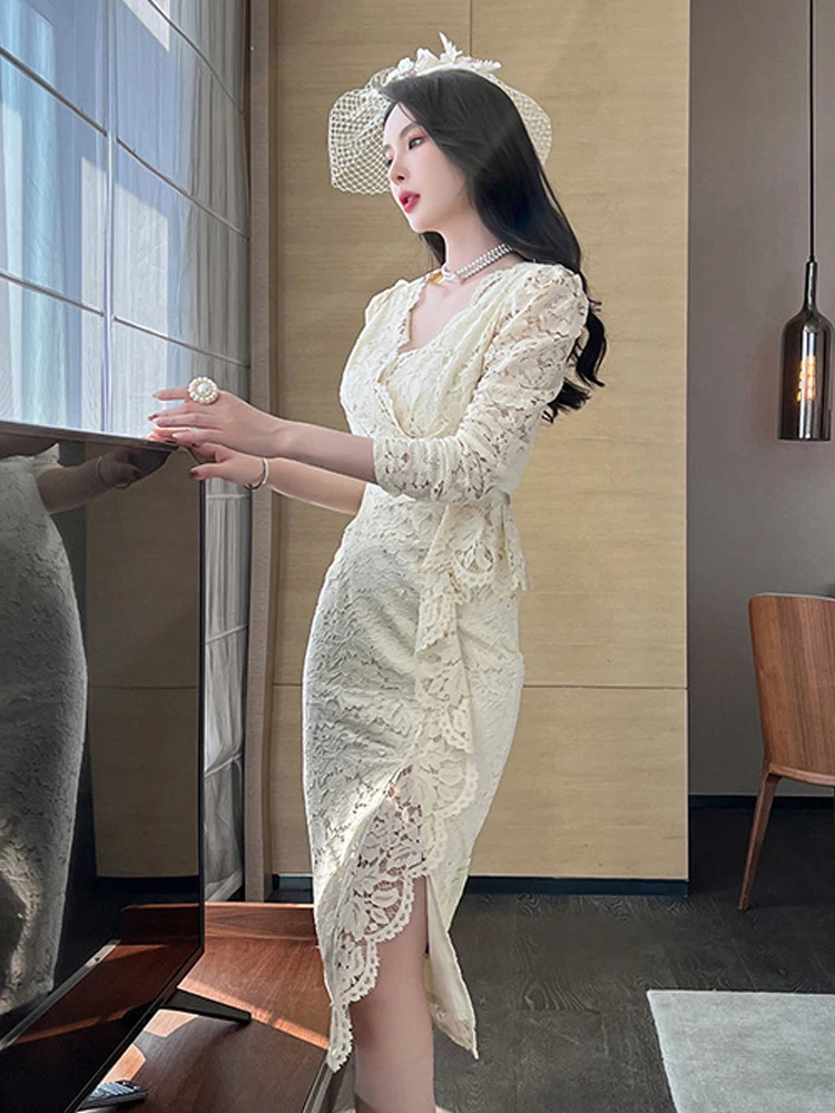 여성용 우아한 연회 드레스, 달콤하고 로맨틱한 레이스 버블 소매, 스플릿 러플 로브, 여성 파티/프롬 드레스