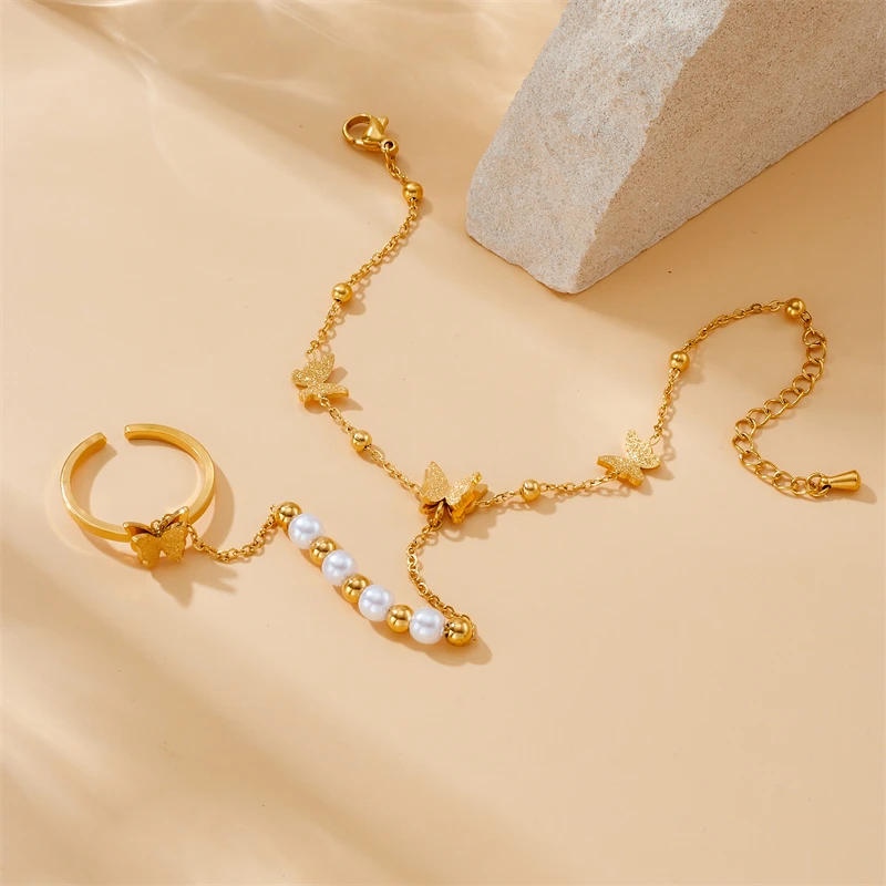 DIEYURO 316L Stainless Steel White Shell Solid Butterfly Finger Ring Chain Bracelet For Women New Fashion Jewelry Party Gifts image 3