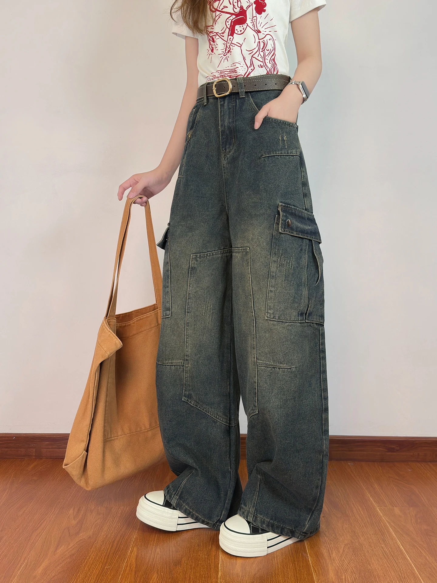 

Retro Waed Heavy Du Wide Leg Jeans Women's Loose Multi ket Denim Pants Original Sle Summer Wear Casual Loose Fit