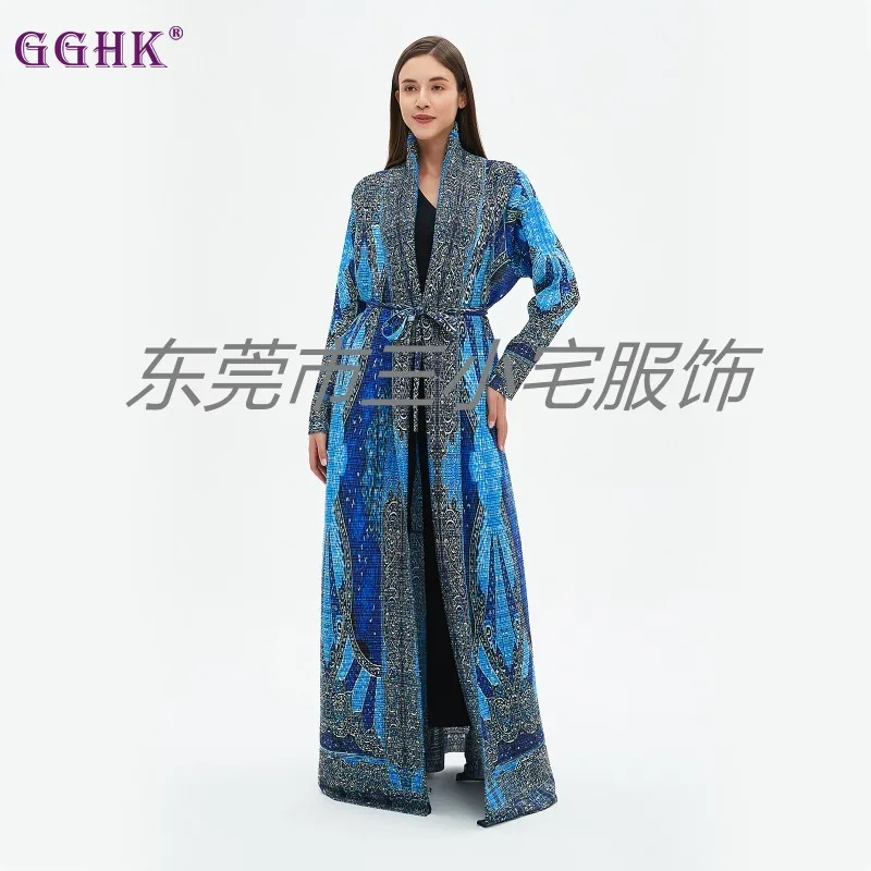 GGHK Pleated Women Trench Coat 2024 Autumn New Fashion Retro Printing Loose Large Size Cardigan Design Arab Luxury Female Robe