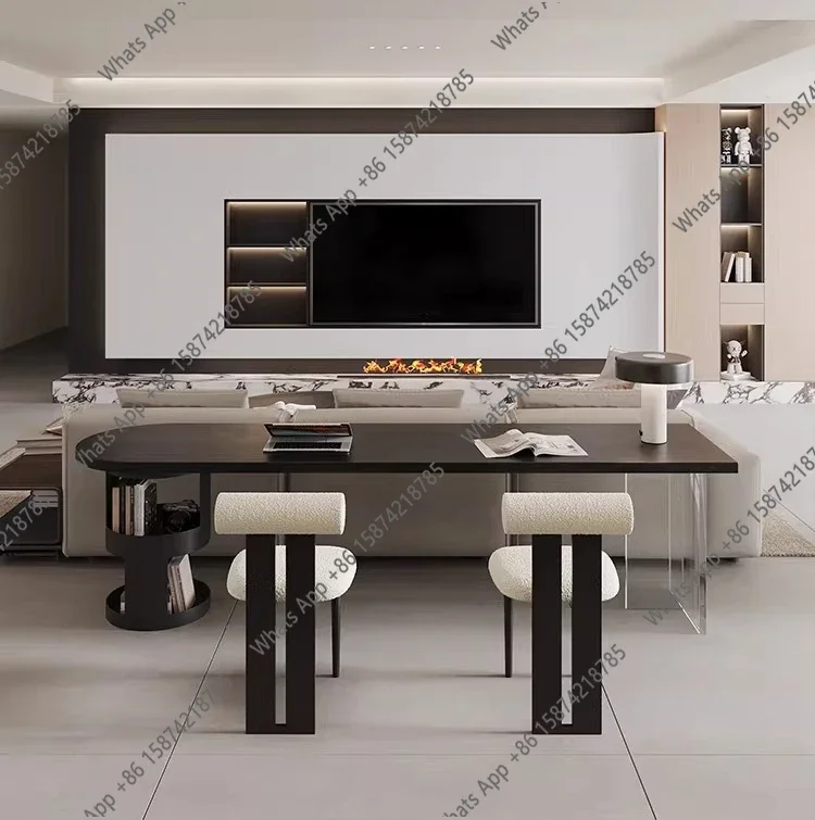 N62 Black solid wood desk Italian minimalist home office computer table Double horizontal hall Long table behind sofa