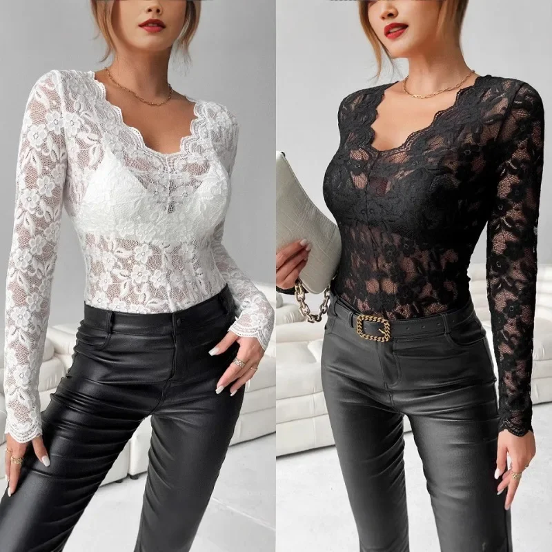 Temperament Embroidery V-Neck Office Blouse 2025 See-through Lace Mesh Stitching Shirts Women Elegant Long Sleeve Slim Pullover