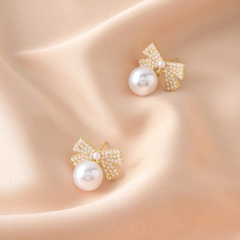 Wholesale Zircon Bow Pearl Drop Dangle Earrings for Women Elegant Bridal Wedding Party Jewelry