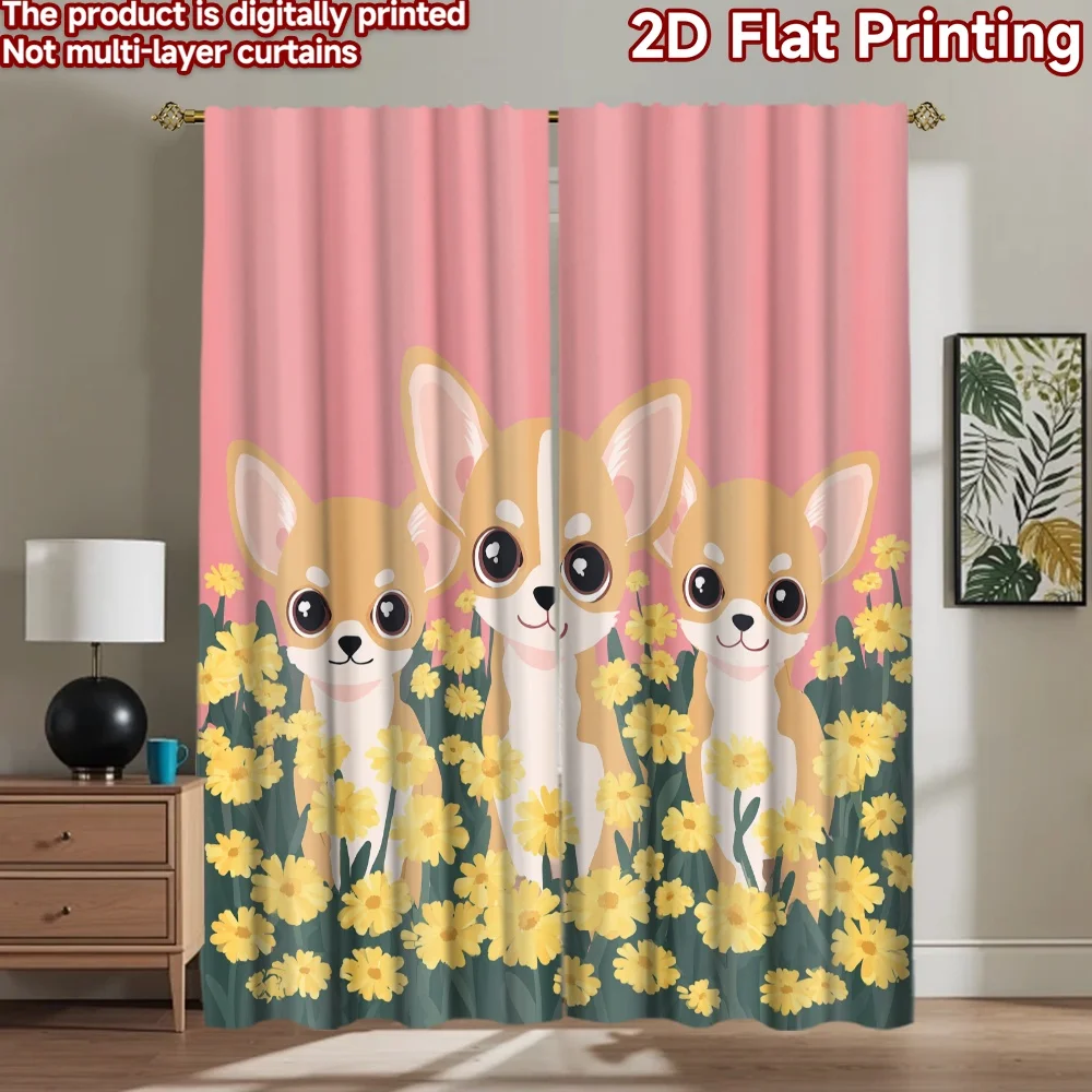 2D flat printing 2pcs Party Curtains Chihuahua Spring Flower Cute Dogs Digital Printed Polyester Drapes Family Party Decoration