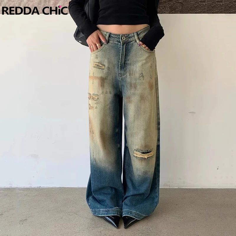 

REDDACHiC женские джинсы для грязной стирки бойфренд с эффектом омбре в стиле ретро, рваные повседневные широкие джинсовые брюки с высокой талией, корейская уличная одежда Y2k