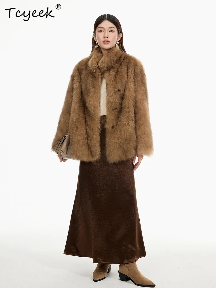 เสื้อโค้ทขนสัตว์แท้ Tcyeek สำหรับฤดูใบไม้ร่วงและฤดูหนาว ดีไซน์หรูหราทันสมัย ปกเสื้อแบบปกเชิ้ต ความยาวปานกลาง ขนฟ็อกซ์ สำหรับผู้หญิง ทำจากขนแกะและขนฟ็อกซ์