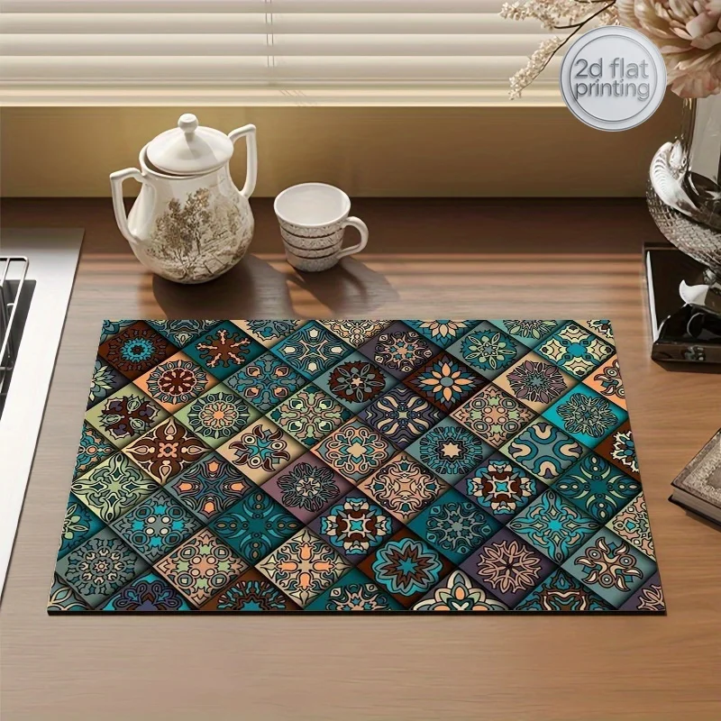 +1pc Bohemian Print Dish Drying Mat, Drain Mat, Utensil Drying Mat, Coffee Machine Absorbent Mat, Absorbent Drying Mat, Kitchen