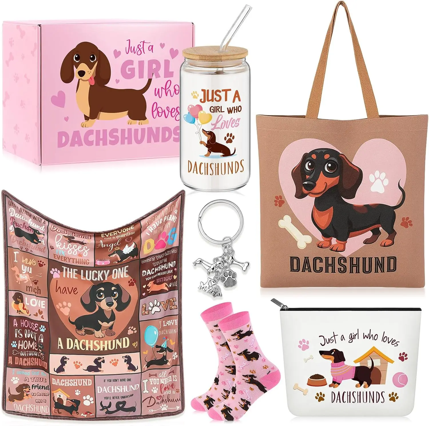 

6-Piece Dachshund Lover Gift Set for Women: Tote Bag, Blanket, Makeup Bag, Coffee Cup, Socks, Keychain