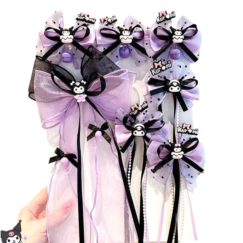 1/2PCS Sanrio Kawaii Lolita Kuromi Bow Ribbon Hair Clip Cartoon Anime Tassel Purple Hairpin Hair Accessories Girls Headwear