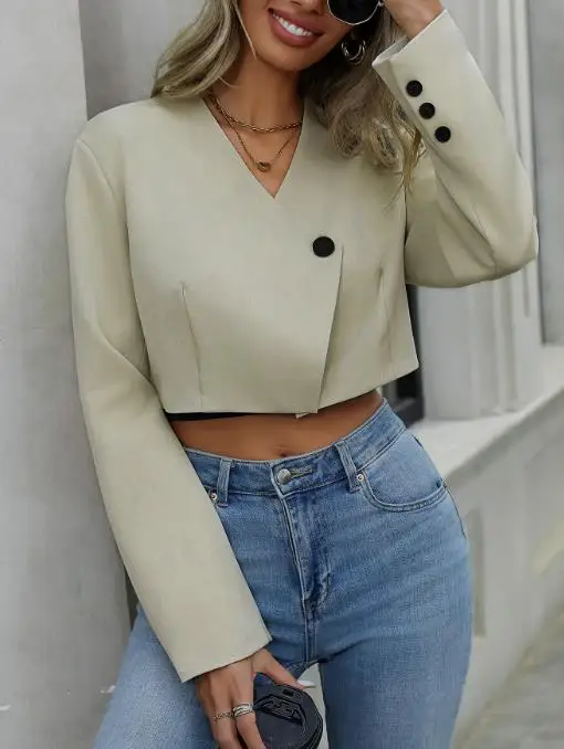 2025 Commuting Leisure Simple Short Solid Color Suit Jacket Autumn Women's V-Neck Solid Color Elegant Slim Fit Short Suit Jacket