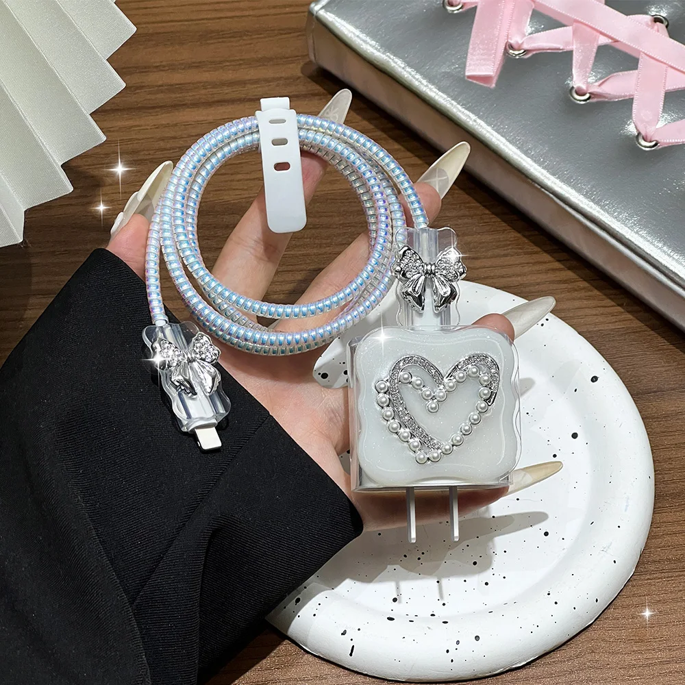 Cute 3D Love Heart Pearl Wave Border USB Cable Protector Cover For iPhone 18W/20W Data Line Bite Head Cord Fast Charging Case