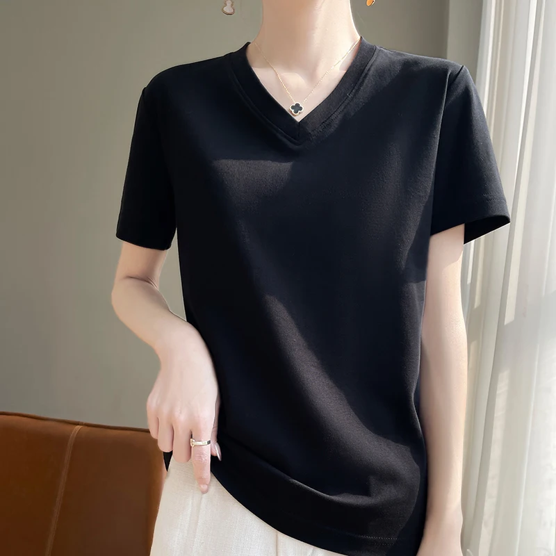 100% Cotton 2025 Spring New Short Sleeve T-Shirt Women Solid Simple Casual V-neck Tops Tees Summer Fashion Female