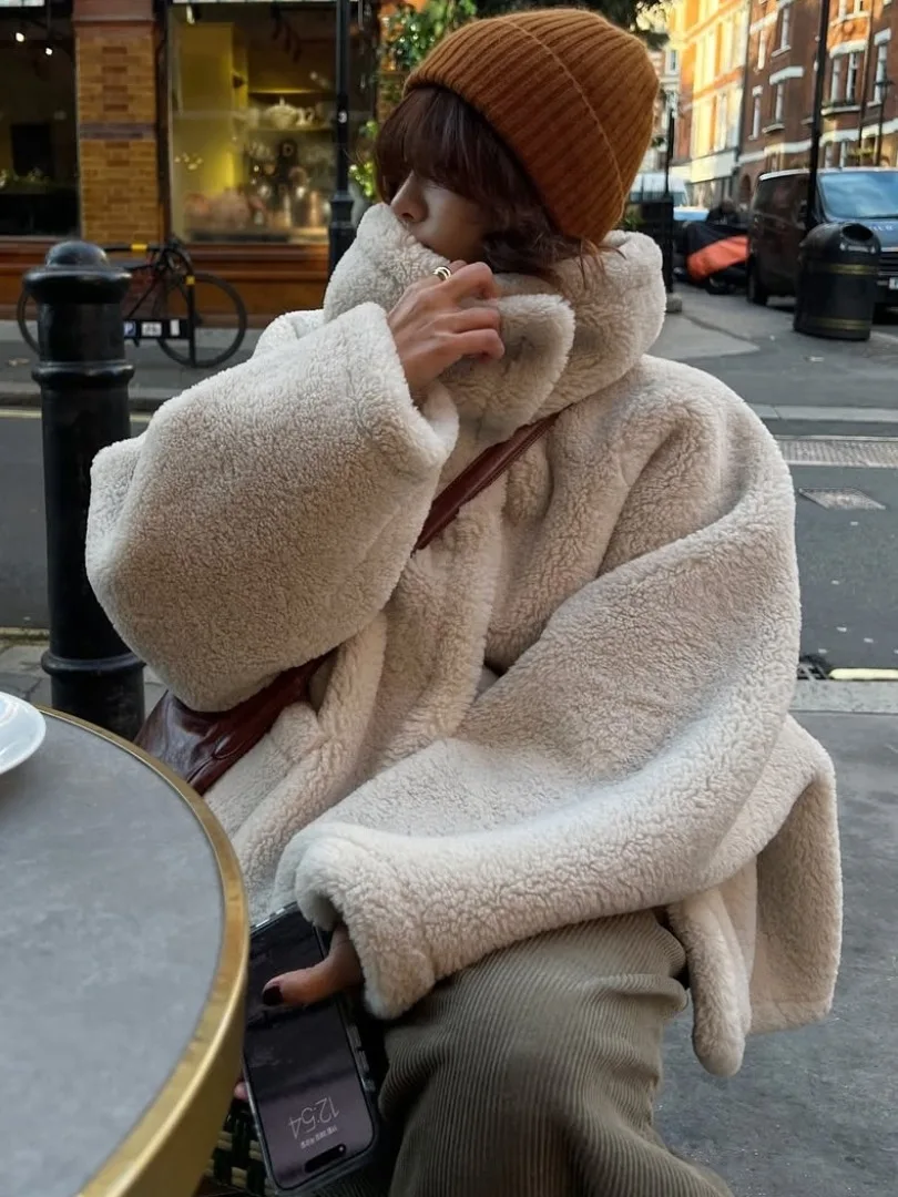 Gola de pele de cordeiro Casaco duplo de couro e pele intercado feminino inverno novo Sle Warm Top Commute Sle Long Sve Loo...