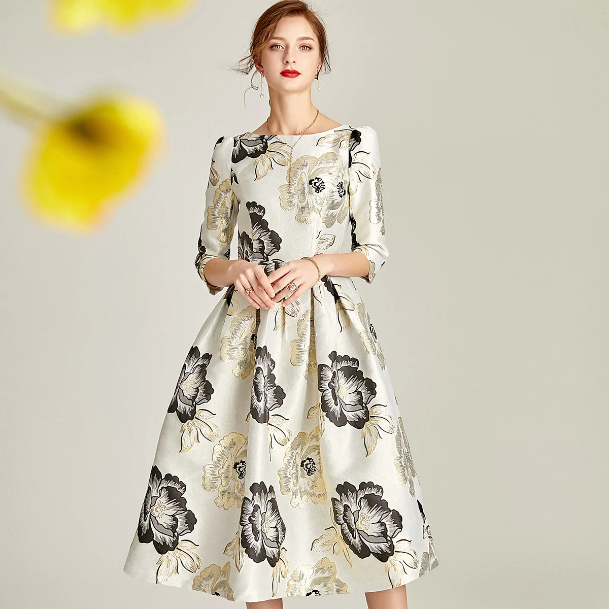 Women Luxury Three Quarter Sleeve Jacquard Dress Floral Knee-Length Dress  Young Lady Evening Events Party Dress Birthday Gift - AliExpress 200000345