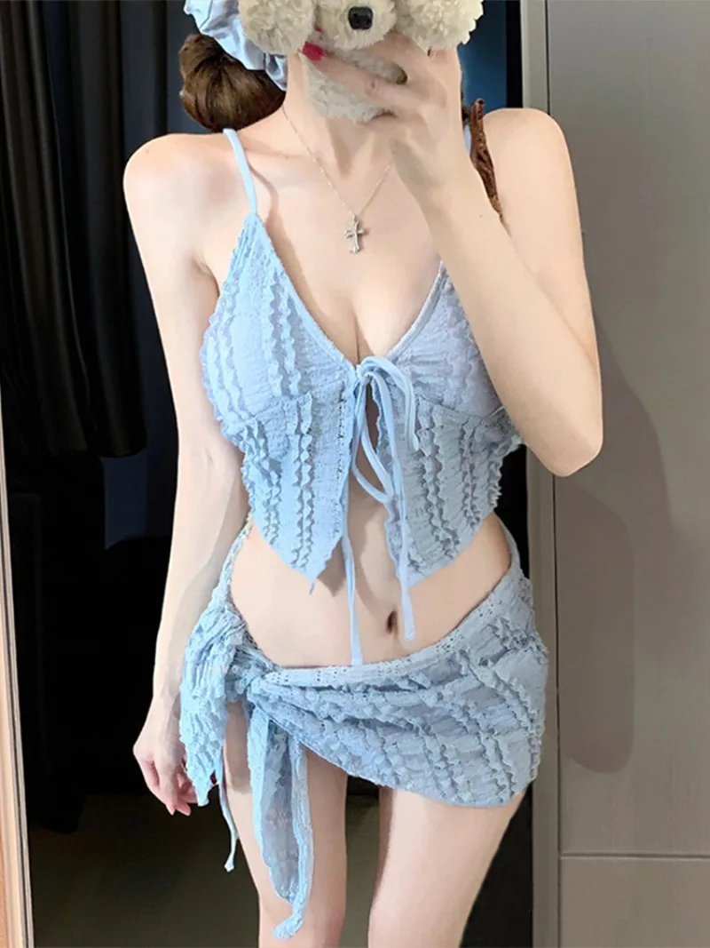 

sexy ribbed plain bikinis sets 3pcs front tie vest swimsuit with cover skirt swimwear beach outfits bathing suit biquini tankini
