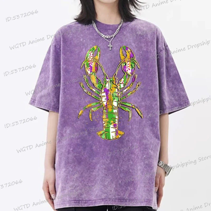 Oversized Washed Cotton T-Shirt Mardi Gras Crawfish New Orleans T Shirt Vintage Fashion Women Y2K Classic Casual Mardi Gras Tees