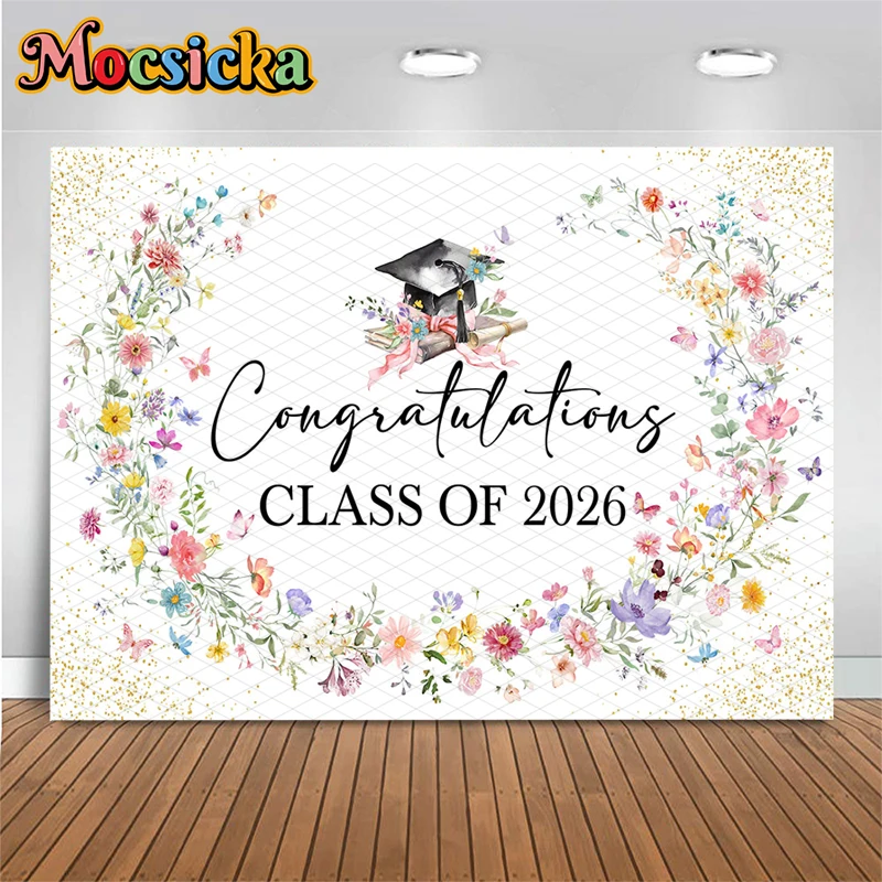 Mocsicka Class Of 2026 Backgrounds For Photographs Flowers Graduation Decors School Party Student Portrait Backdrop Photo Studio