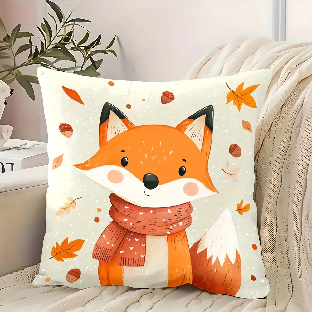 Cute fox and autumn leaf pattern pillowcase - machine washable polyester material, suitable for living room and bedroom.