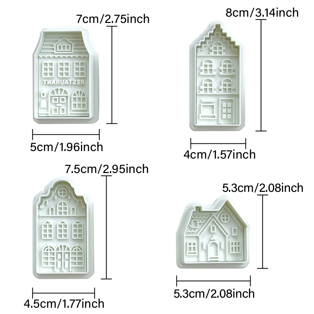 4Pcs Christmas Gingerbread House Pattern Cookie Cutter Biscuit Stamp Fondant Cake Decoration Baking Accessories Kitchen Gadgets