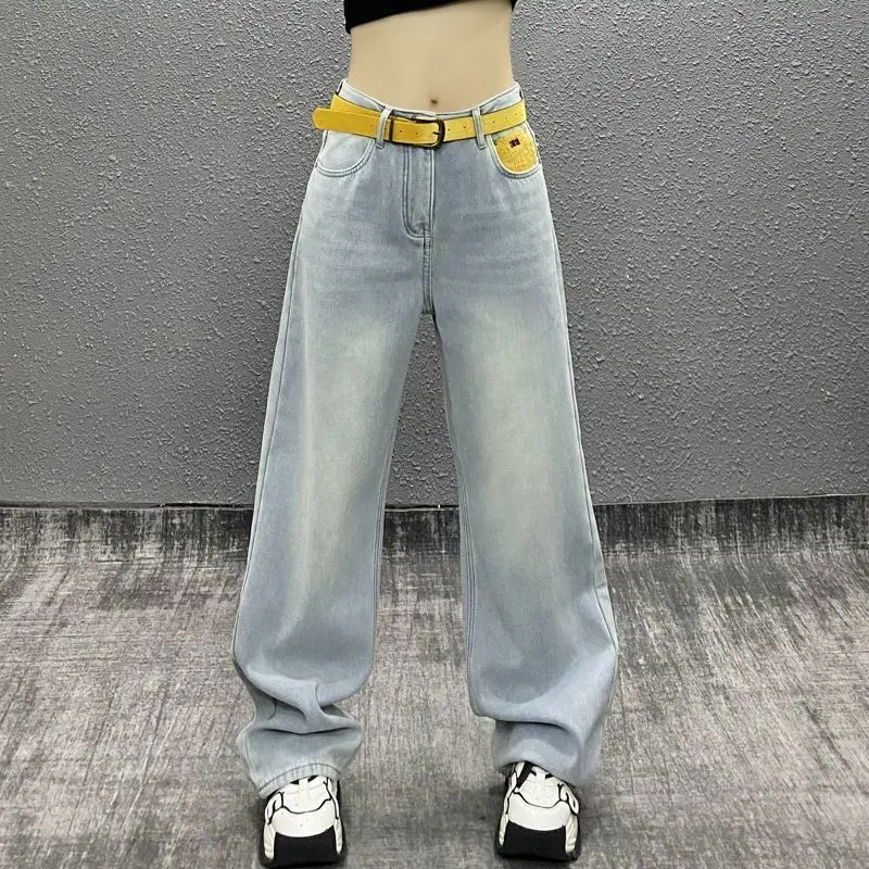 

Spliced pockets Washed Simple Light-colored Jeans High-waisted Loose Versatile Straight-leg Wide-leg Trousers