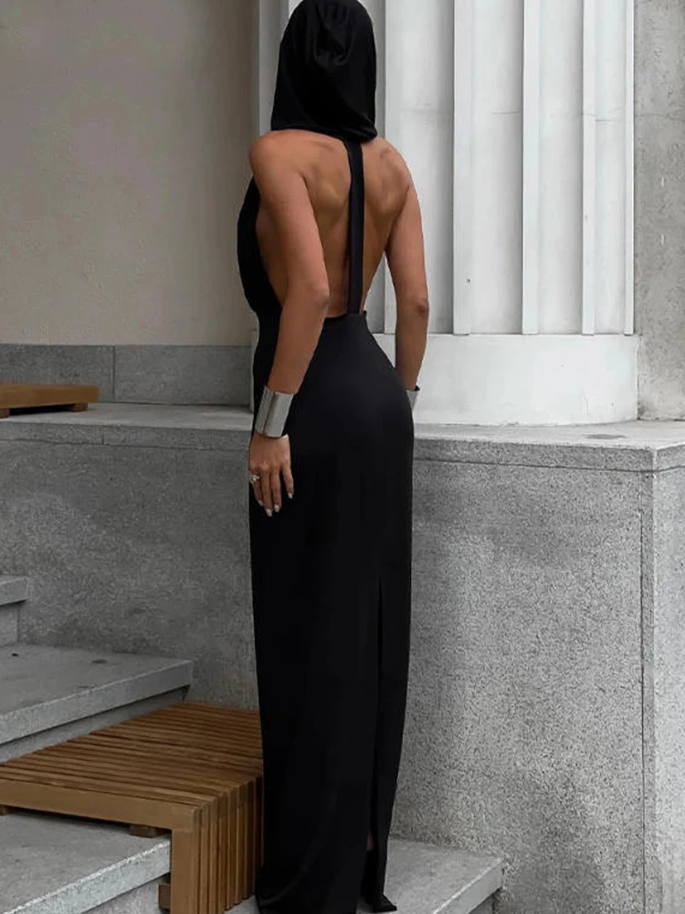 Sukienka bez pleców damska hipster elegancka trend lato 2026 bez rękawów głęboki dekolt w serek maxi obcisła streetwear vestidos